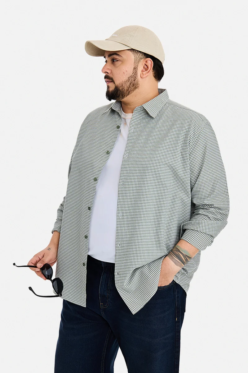 SNITCH Olive Checkered Long Sleeve Regular Fit Plus Size Shirt