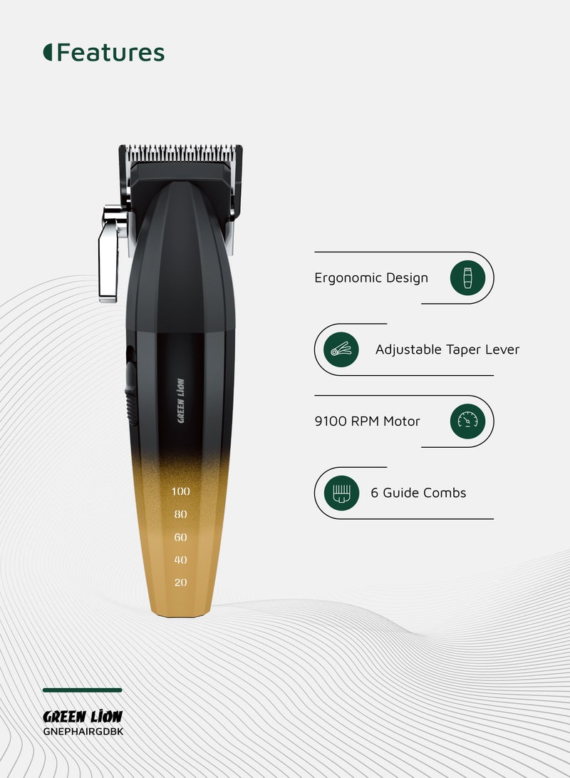 GREEN LION Edge Pro Hair Clipper with 180 Minutes Runtime & 6 Guide Combs / 9100 RPM Motor / Ergonomic Design / Type-C Charging / Battery Indicator / Adjustable Taper Lever / Powder Metallurgy & Ceramic Blade - Gold Black - Image 4