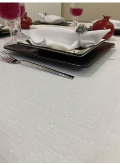 Zeren Home Glittered Polyester Linen Carefree Tablecloth White + 12 Napkins  - Image 5