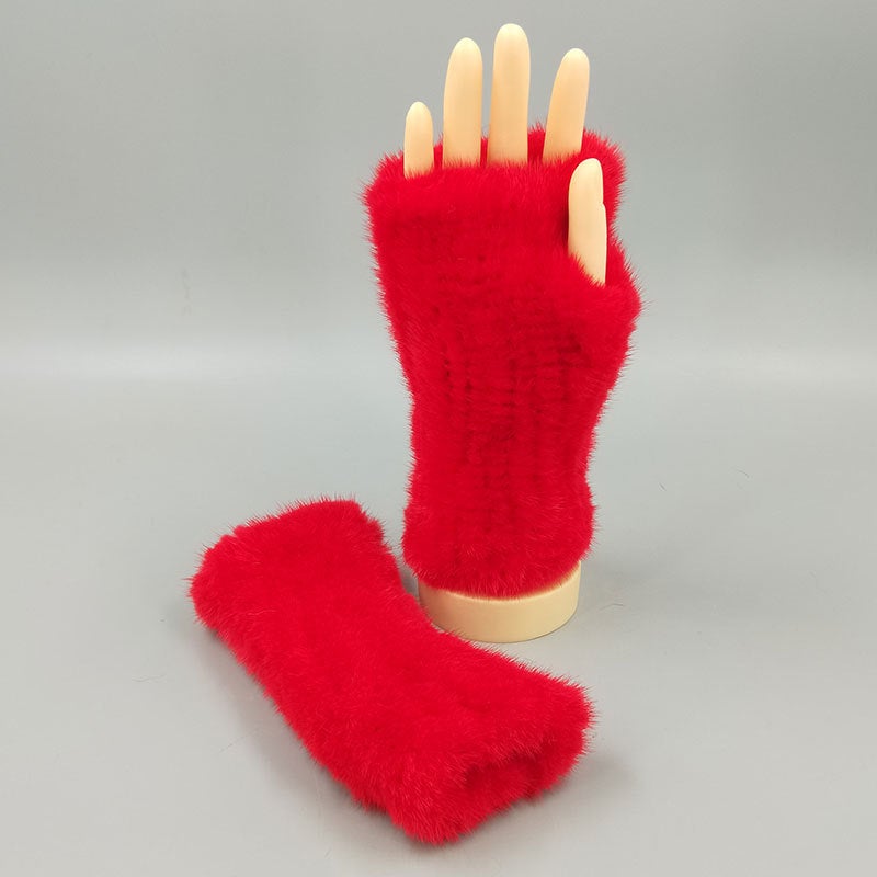 Thick Knitted Mink Fur Fingerless Gloves for Winter Bright red