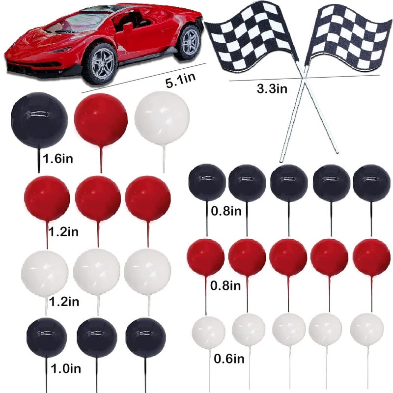 ChoJoy 30PCS Race Car Cake Toppers Checkered Flag Race Car Birthday Decoration with Red Black White Balls Race Car Checkered Flag for Race Car Themed Birthday Party(Red) - Image 3