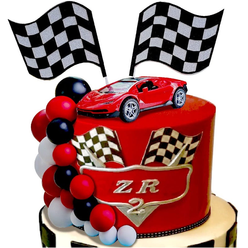 ChoJoy 30PCS Race Car Cake Toppers Checkered Flag Race Car Birthday Decoration with Red Black White Balls Race Car Checkered Flag for Race Car Themed Birthday Party(Red) - Image 2