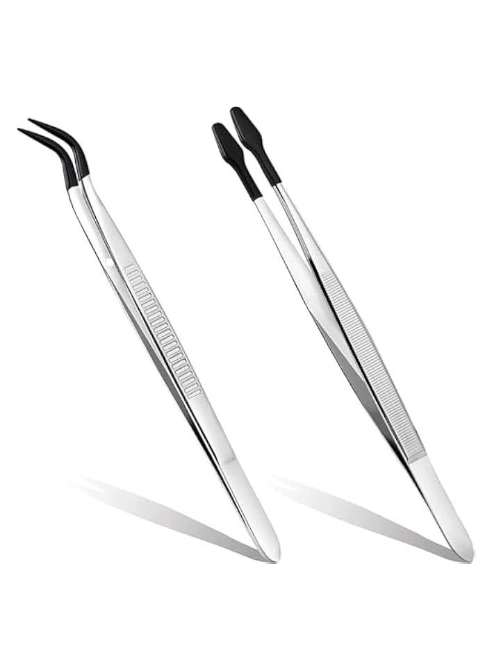 PROMASS Precise Tweezers with Rubber Tips Set PVC Rubber Coated Tips Bent and Straight Flat Tip Tweezers Stamp Coins Jewelry Hobby Crafts Industrial Electronic Tweezers Tools (2PCS，Silver) - Image 1