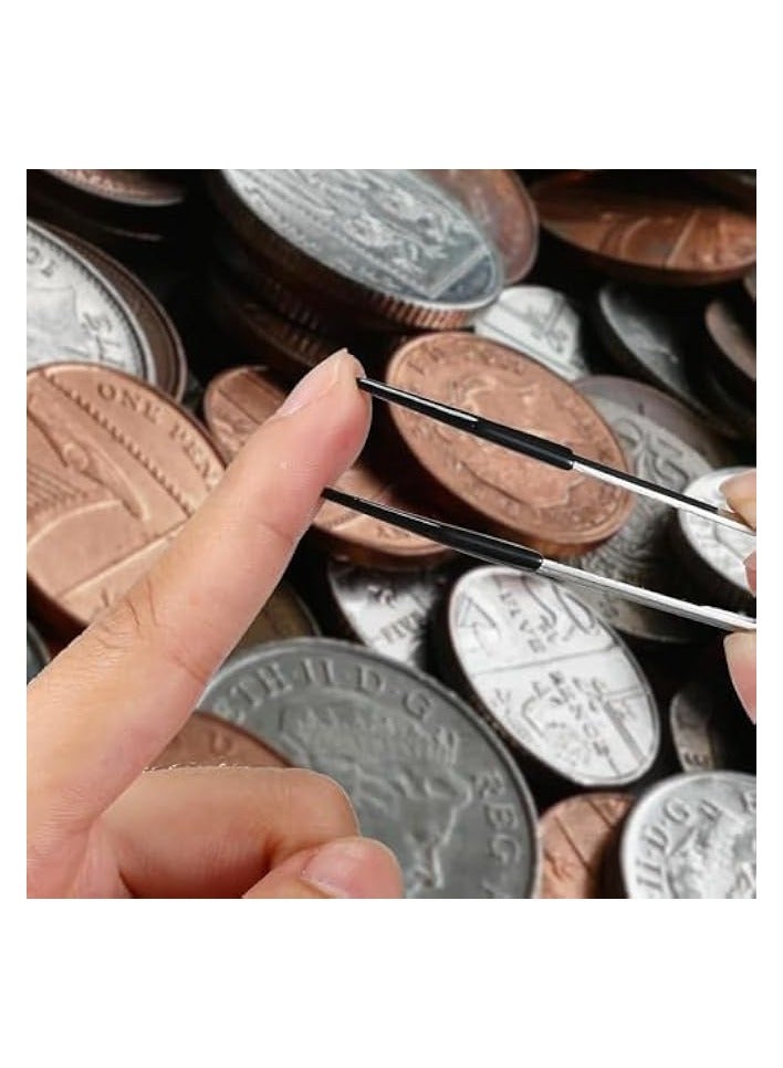 PROMASS Precise Tweezers with Rubber Tips Set PVC Rubber Coated Tips Bent and Straight Flat Tip Tweezers Stamp Coins Jewelry Hobby Crafts Industrial Electronic Tweezers Tools (2PCS，Silver) - Image 3