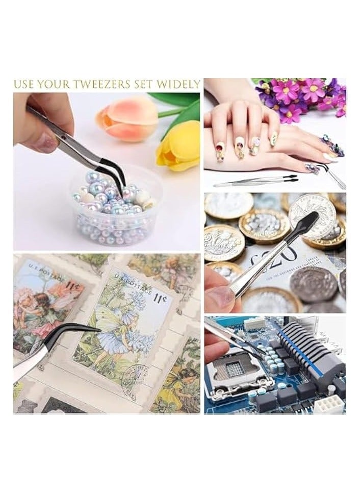 PROMASS Precise Tweezers with Rubber Tips Set PVC Rubber Coated Tips Bent and Straight Flat Tip Tweezers Stamp Coins Jewelry Hobby Crafts Industrial Electronic Tweezers Tools (2PCS，Silver) - Image 4