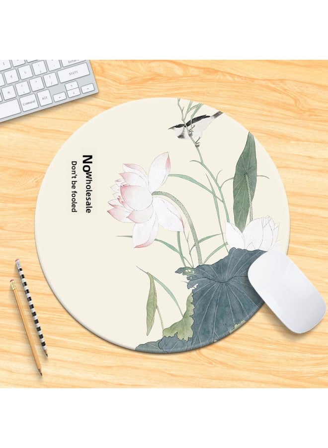 National Tide Lotus Small Size Mouse Pad Chinese Style Brush Painting Office Desk Mat Lock Edge Thickened Round Simple Flower And Bird For Men 