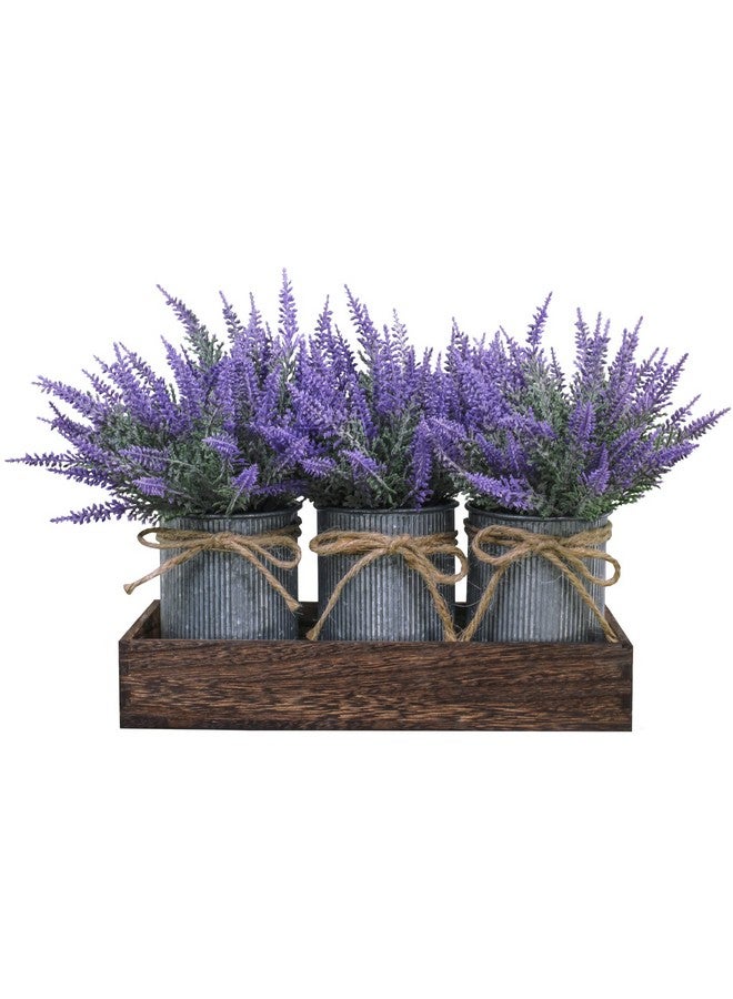 وينلين مجموعة من 3 نباتات صغيرة في أصص، نباتات زهور اللافندر الاصطناعية في أصص معدنية مجلفنة ريفية مع صينية خشبية مزخرفة لقطعة مركزية لطاولة المزرعة أو حافة النافذة أو ديكور داخلي ريفي - Image 2
