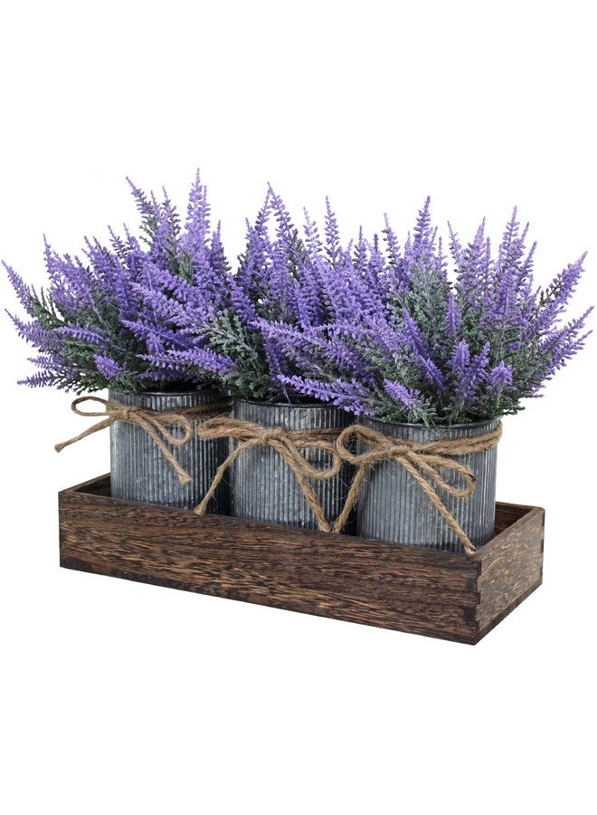 وينلين مجموعة من 3 نباتات صغيرة في أصص، نباتات زهور اللافندر الاصطناعية في أصص معدنية مجلفنة ريفية مع صينية خشبية مزخرفة لقطعة مركزية لطاولة المزرعة أو حافة النافذة أو ديكور داخلي ريفي - Image 1