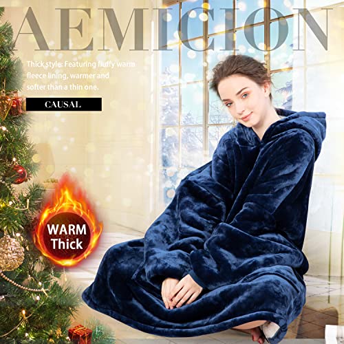 Aemicion Oversized Wearable Blanket Sherpa Blanket Hoodie Soft Warm Thick Big Hoodie Sweatshirt for Adults Men-Navy - Image 3