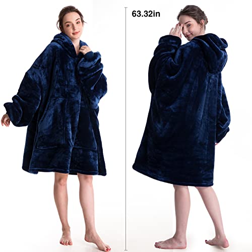 Aemicion Oversized Wearable Blanket Sherpa Blanket Hoodie Soft Warm Thick Big Hoodie Sweatshirt for Adults Men-Navy - Image 2