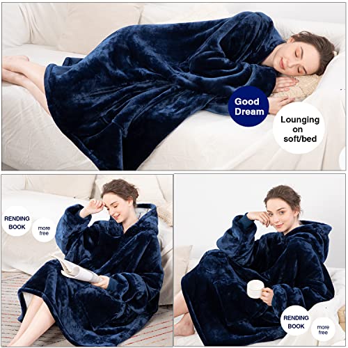 Aemicion Oversized Wearable Blanket Sherpa Blanket Hoodie Soft Warm Thick Big Hoodie Sweatshirt for Adults Men-Navy - Image 5