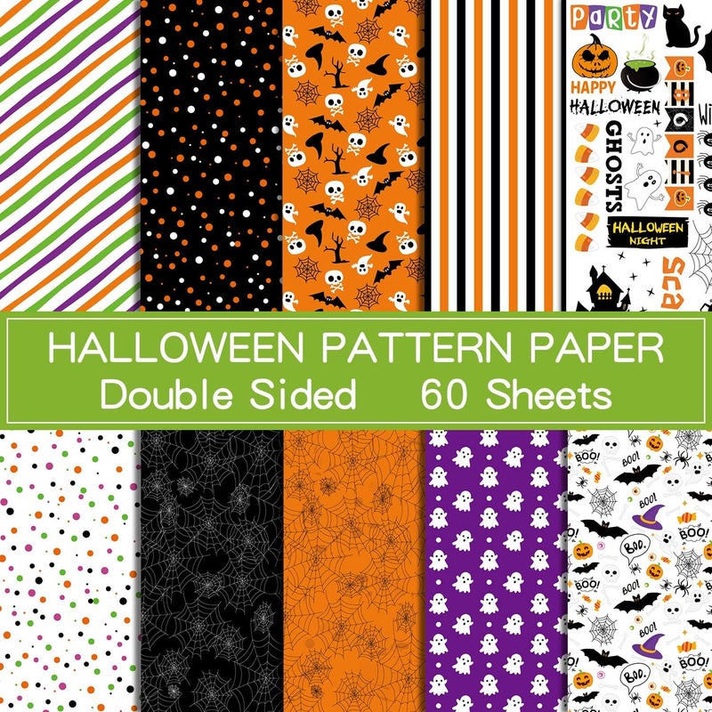 ASTARON 60 Sheets Halloween Pattern Paper Set A5 Size （5.5 x 8.2”） Decorative Paper for Card Making Craft Scrapbook decoration, 10 Styles （Not Tissue Paper!!） - Image 1