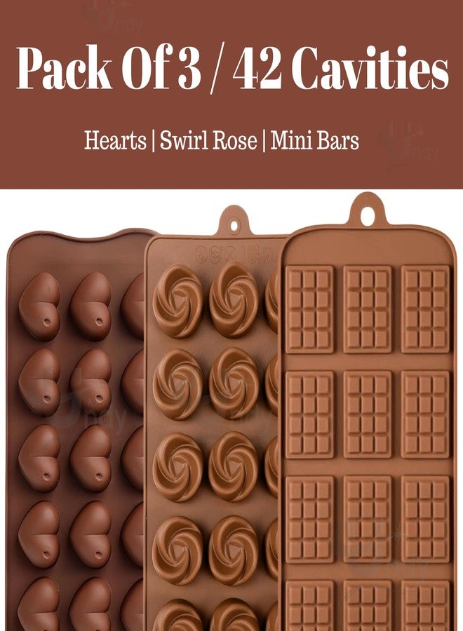 Undy Chocolate Mould Silicone Swirl Rose Heart Mini Bars Shape Chocolate Mould for Chocolate Making Multipurpose Jelly Ice Cubes Cake Decoration Tools, 3 PCS, Brown - Image 2