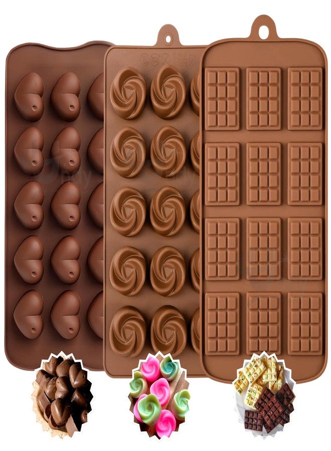 Undy Chocolate Mould Silicone Swirl Rose Heart Mini Bars Shape Chocolate Mould for Chocolate Making Multipurpose Jelly Ice Cubes Cake Decoration Tools, 3 PCS, Brown - Image 1