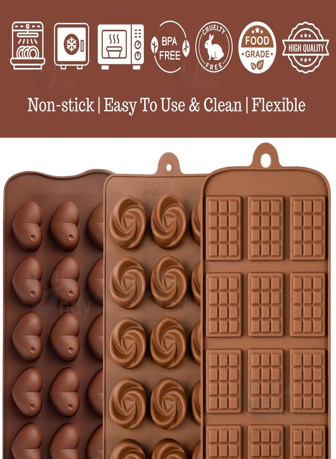 Undy Chocolate Mould Silicone Swirl Rose Heart Mini Bars Shape Chocolate Mould for Chocolate Making Multipurpose Jelly Ice Cubes Cake Decoration Tools, 3 PCS, Brown - Image 3