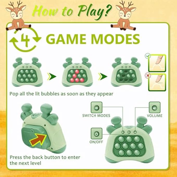 HANDHELD GAME FOR KIDS ALDULT, PUSH POP GAME IT FIDGET TOYS, QUICK PUSH GAME, WHACK A MOLE PUZZLE GAME MACHINE, BUBBLE STRESS POP LIGHT UP GAME, MULTIPLE GAME MODES, BIRTHDAY GIFTS CHILDREN (GREEN) - Image 3