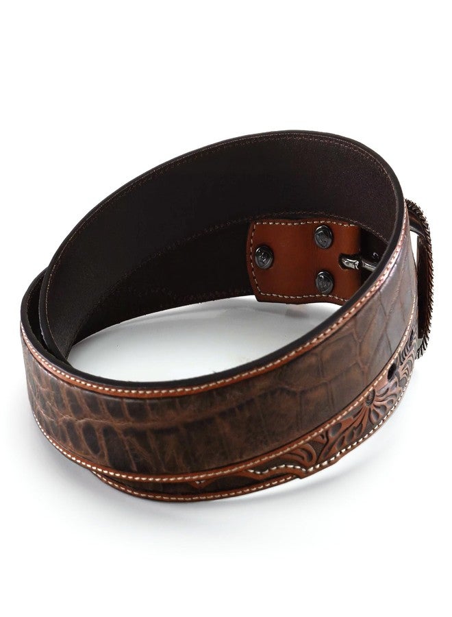 ARIAT Men's Two-Tone Floral Tab Crocodile Print Leather Belt, Tan, 34 - Image 4