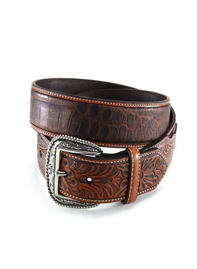 ARIAT Men's Two-Tone Floral Tab Crocodile Print Leather Belt, Tan, 34 - Image 1