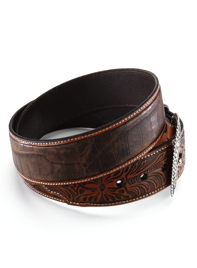 ARIAT Men's Two-Tone Floral Tab Crocodile Print Leather Belt, Tan, 34 - Image 3