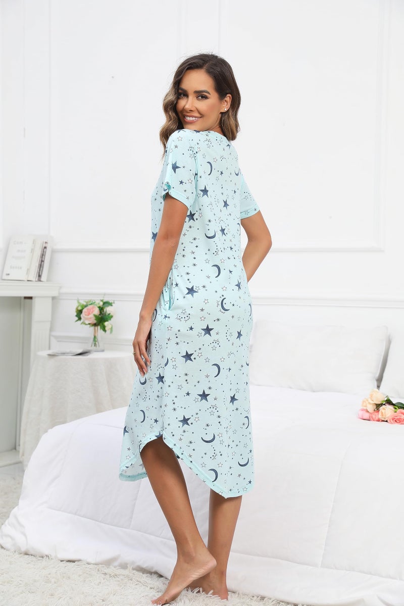 PNAEONG Women Short Sleeve Long Nightgown Soft Cotton Sleepwear Nightshirts Loungewear with Pockets JCSY006-Blue Star-2XL - Image 4