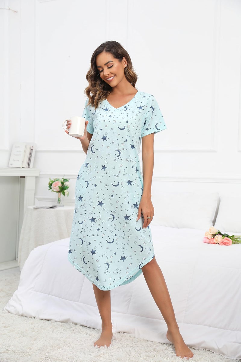 PNAEONG Women Short Sleeve Long Nightgown Soft Cotton Sleepwear Nightshirts Loungewear with Pockets JCSY006-Blue Star-2XL - Image 3