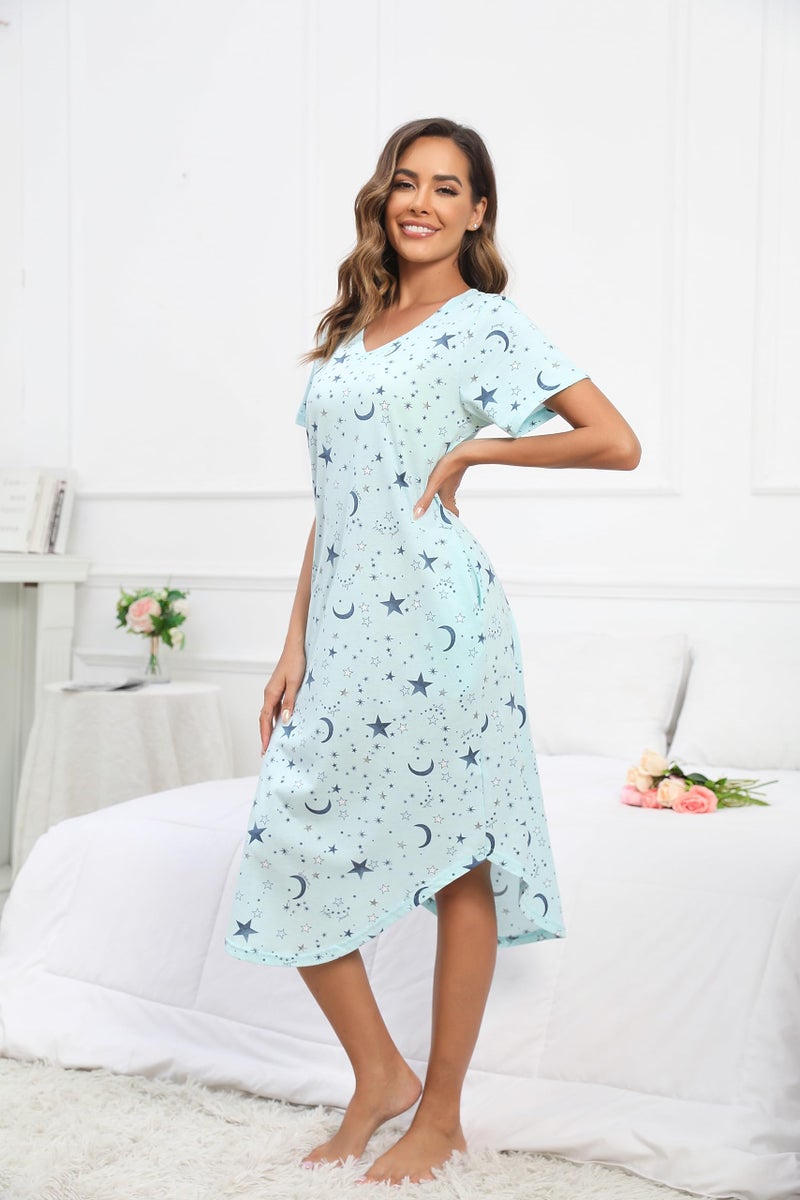 PNAEONG Women Short Sleeve Long Nightgown Soft Cotton Sleepwear Nightshirts Loungewear with Pockets JCSY006-Blue Star-2XL - Image 5