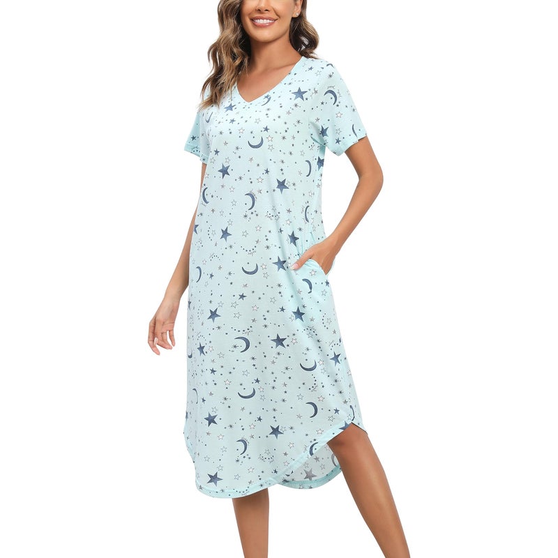 PNAEONG Women Short Sleeve Long Nightgown Soft Cotton Sleepwear Nightshirts Loungewear with Pockets JCSY006-Blue Star-2XL - Image 1