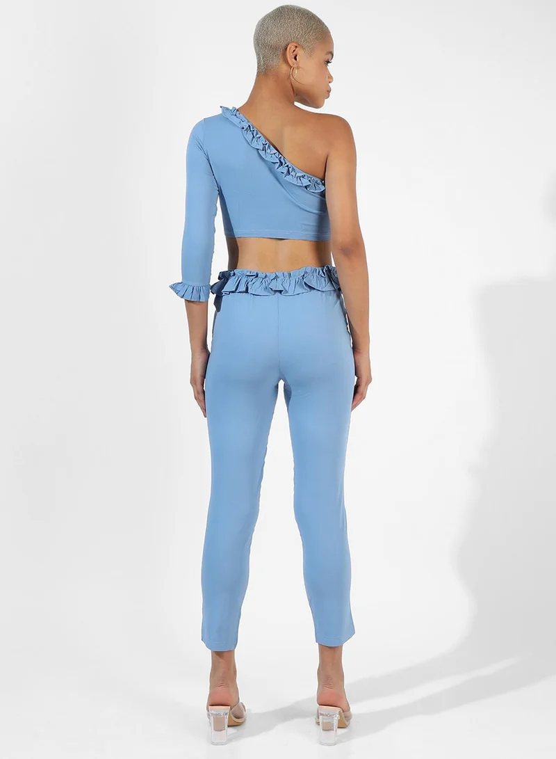 Pinacolada  Women's Sky Blue Ruffle-Lined Co-Ord SetFor Casual Wear | One-Shoulder Neck | Long Sleeves | Zipper Closure | Co-Ords Crafted With Comfort Fit For Everyday Wear for Women | Best Price UAE