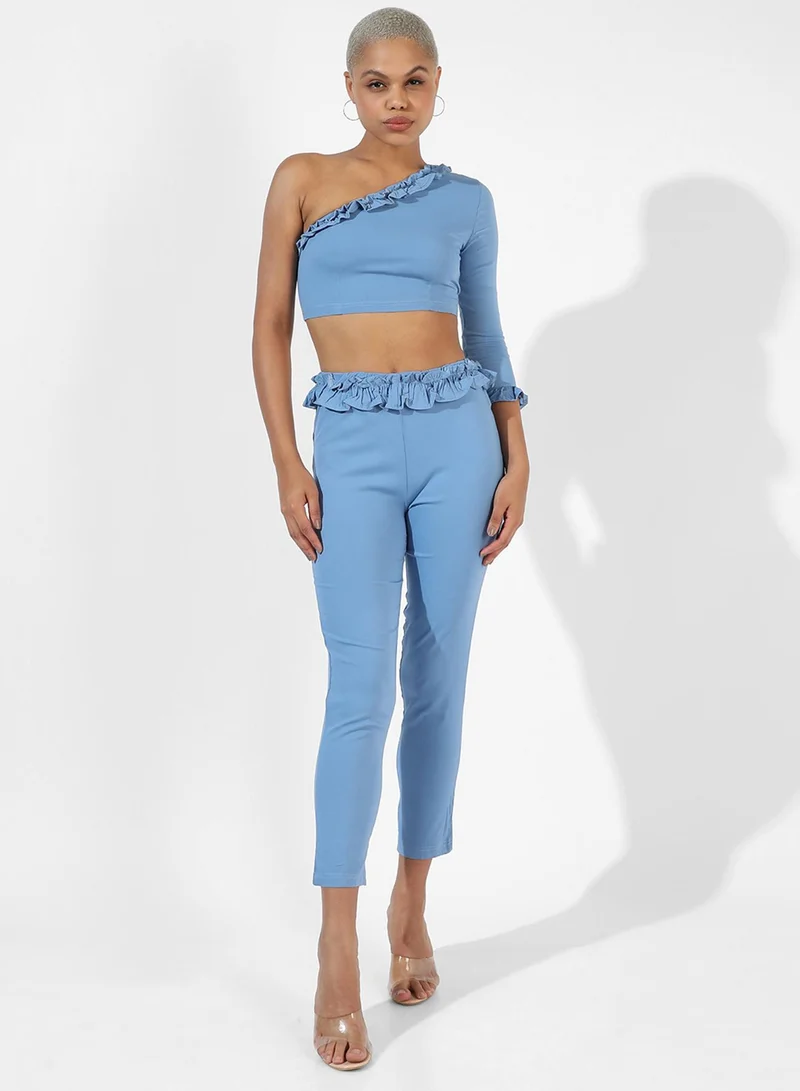 Pinacolada  Women's Sky Blue Ruffle-Lined Co-Ord SetFor Casual Wear | One-Shoulder Neck | Long Sleeves | Zipper Closure | Co-Ords Crafted With Comfort Fit For Everyday Wear for Women | Best Price UAE