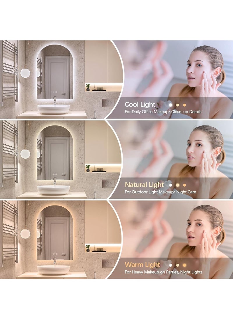 Vparty - Arched LED Bathroom Mirror, Frameless Arch Backlit Wall Mirror, Lighted Vanity Mirror with 3 Color Temperature Adjustment, Anti-Fog, Explosion-Proof, Waterproof, 5MM Silver Mirror, Touch Button Control, 12V Waterproof Light Strip, Wall-Mounted, 50x80 cm. - Image 1