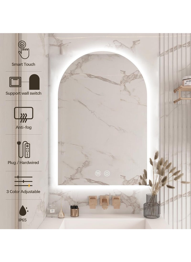 Vparty - Arched LED Bathroom Mirror, Frameless Arch Backlit Wall Mirror, Lighted Vanity Mirror with 3 Color Temperature Adjustment, Anti-Fog, Explosion-Proof, Waterproof, 5MM Silver Mirror, Touch Button Control, 12V Waterproof Light Strip, Wall-Mounted, 50x80 cm. - Image 1