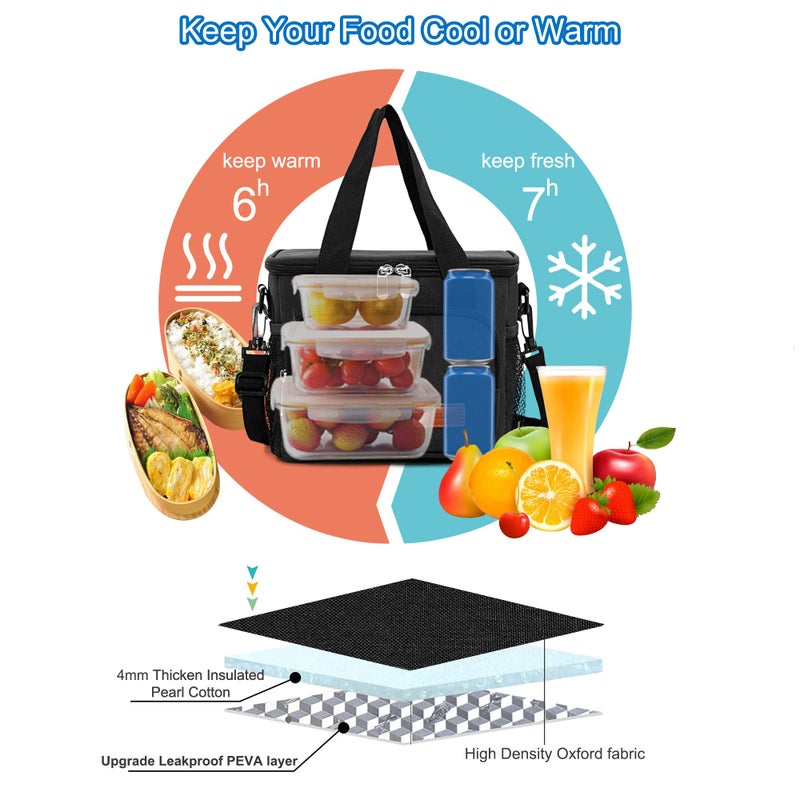 Femuar Reusable Lunch Box for Men/Women - Insulated Lunch Bag Leakproof Lunchbox for Work Office Picnic Beach - Freezable Lunch Cooler Bag with Adjustable Shoulder Strap - Black - Image 4