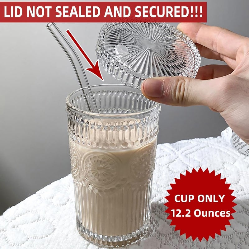 YAHUIPEIUS Elegant practical design Glass Tumbler Stripe Vintage Drinking Glass Cup Coffee Cup With Lid and Straw Drinking Glasses for Water,Iced Coffee,Milk,Tea,Juice (B-Vintage), TWBZ-0115 All preference matching build - Image 2