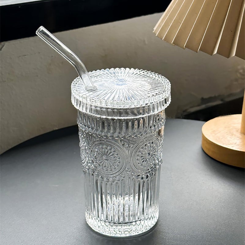 YAHUIPEIUS Elegant practical design Glass Tumbler Stripe Vintage Drinking Glass Cup Coffee Cup With Lid and Straw Drinking Glasses for Water,Iced Coffee,Milk,Tea,Juice (B-Vintage), TWBZ-0115 All preference matching build - Image 3