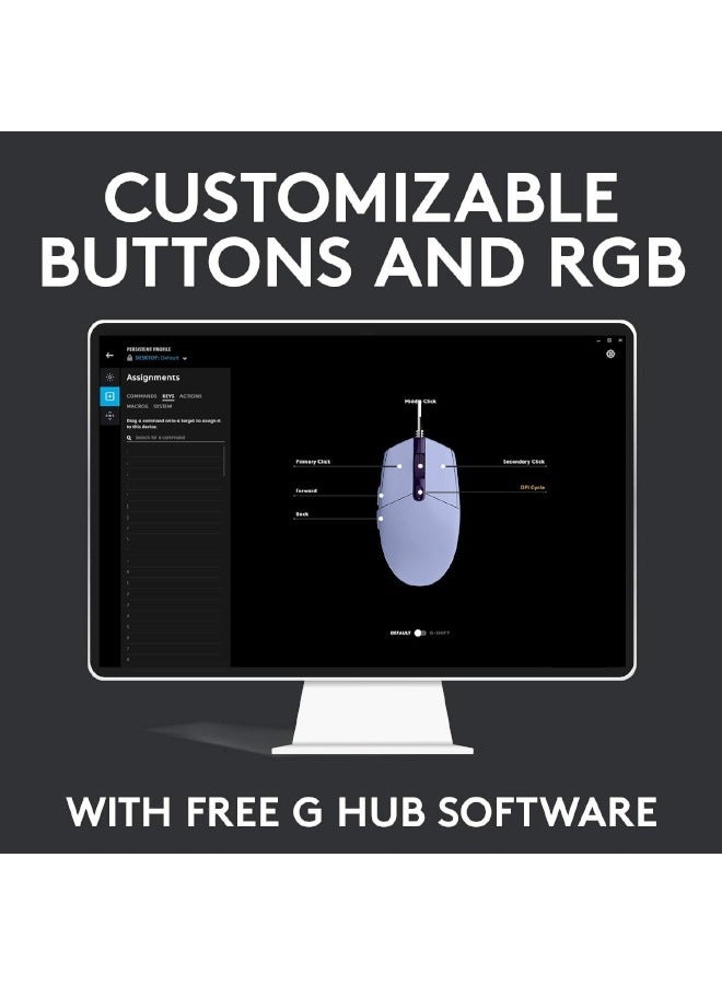 ماوس ألعاب سلكي مزود بمستشعر 8000 نقطة في البوصة، وإضاءة RGB بتقنية LIGHTSYNC، و6 أزرار قابلة للبرمجة، وذاكرة مدمجة، وتخطيط الشاشة، ومتوافق مع أجهزة الكمبيوتر الشخصية وأجهزة ماك - بنفسجي