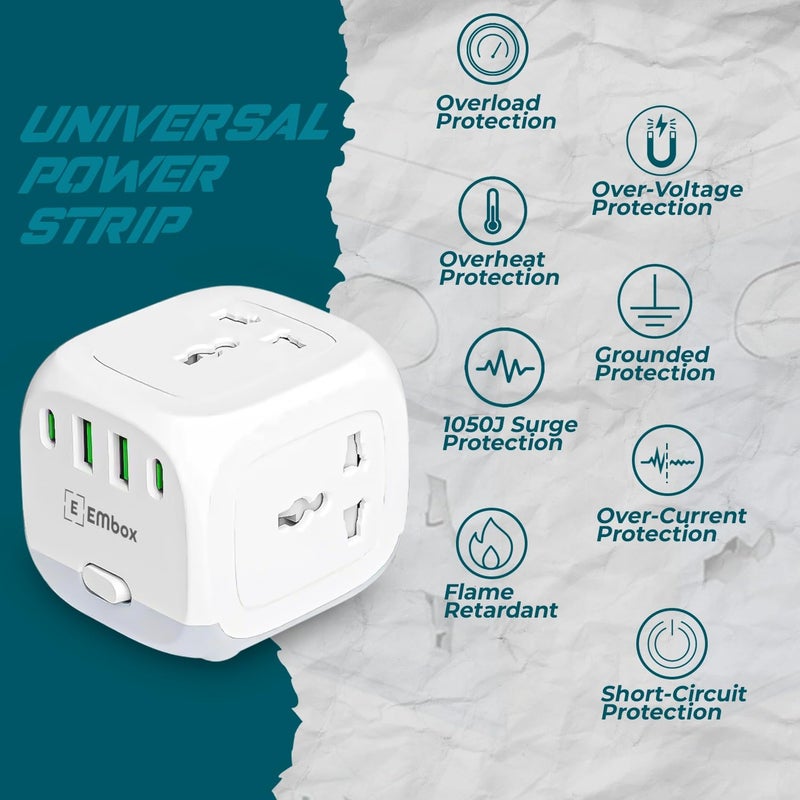 EMBOX لوحة تمديد مكعب مع منفذ USB ومقابس عالمية وUSB (2.4 A) (QC 3.0) مع واقي من الحمل الزائد، مؤشر، سلك تمديد بطول 2 متر، غطاء أمان - Image 3