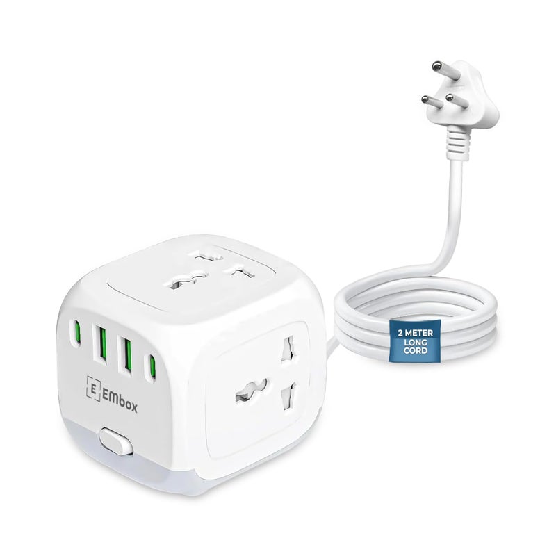 EMBOX لوحة تمديد مكعب مع منفذ USB ومقابس عالمية وUSB (2.4 A) (QC 3.0) مع واقي من الحمل الزائد، مؤشر، سلك تمديد بطول 2 متر، غطاء أمان - Image 1
