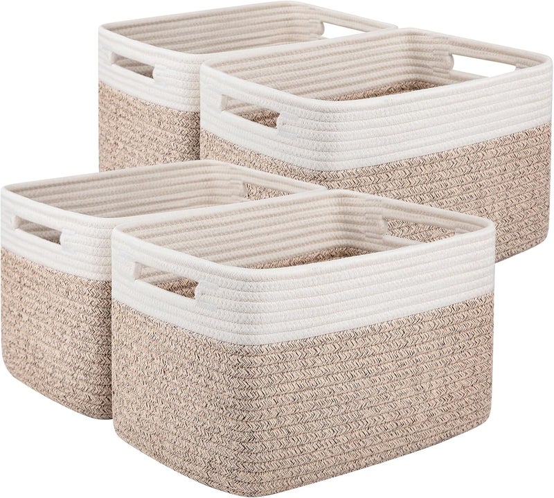 OIAHOMY 4 Pack Storage Baskets for Organizing, Basket for Shelves with Handle, Woven Baskets for Storage Toys, Towels, Books, Cotton Rope Basket 13" L x 9 " W x 7.8 " H, Brown & White - Image 1