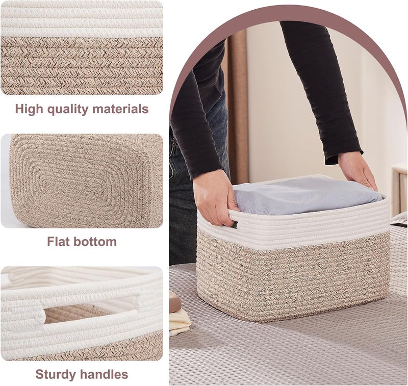 OIAHOMY 4 Pack Storage Baskets for Organizing, Basket for Shelves with Handle, Woven Baskets for Storage Toys, Towels, Books, Cotton Rope Basket 13" L x 9 " W x 7.8 " H, Brown & White - Image 3
