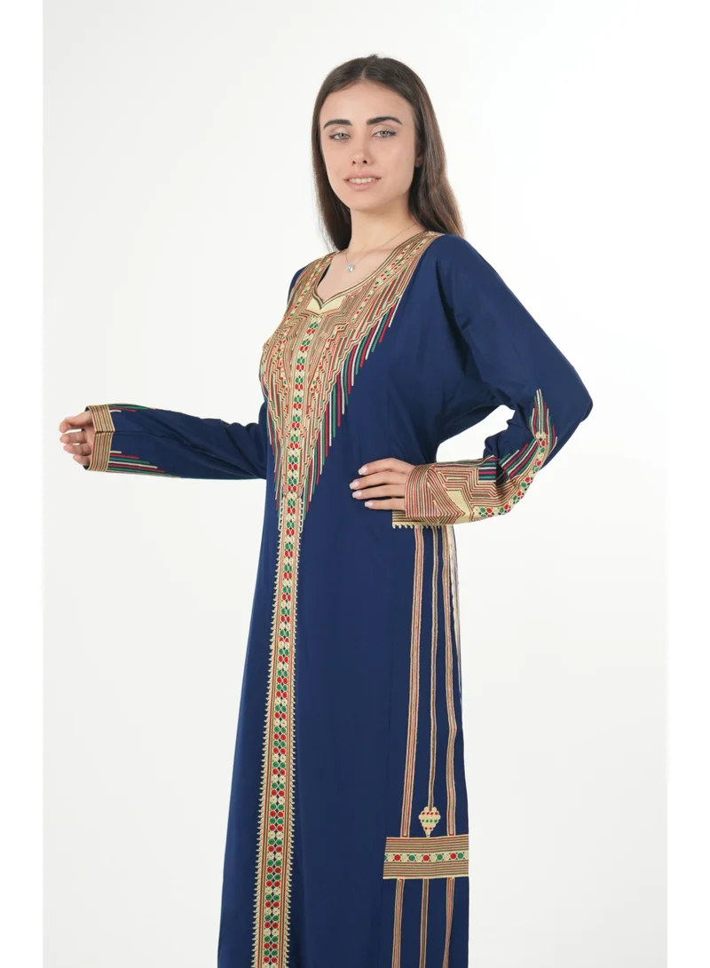 AL BENT AL SHARQIEH navy blue printed round neck jalabiya dress for Women | Best Price UAE
