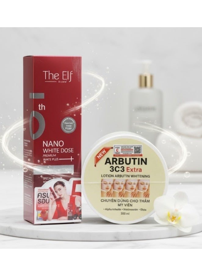 The Elf Nano White Dose Premium White Plus Serum 60ml  & Arbutin 3c3 Extra Lotion Arbutin Whitening 300ml - Image 2