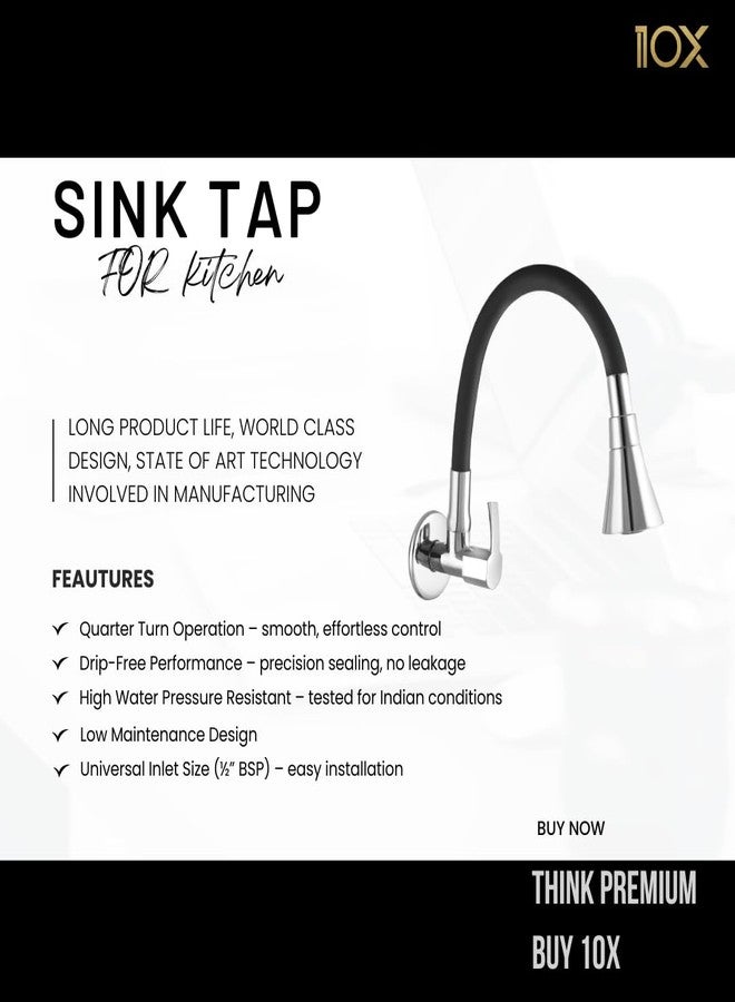 10X Brass Sink Tap for Kitchen SF-90551 Wall Mount Chrome Plate Black Flexible Revolving Spout - Image 2