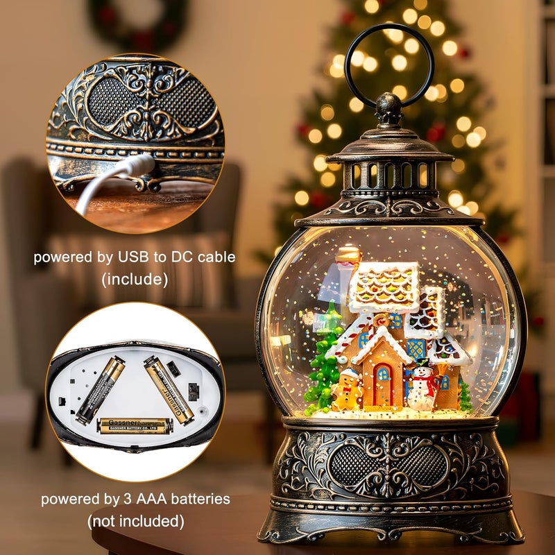 ZQQLITE Christmas Snow Globes Christmas Water Lantern with Gingerbread Man & Snowman, Music & 6H Timer, USB Lined/Battery Operated Lighted Lanterns for Xmas Festival Decoration Gifts - Image 3