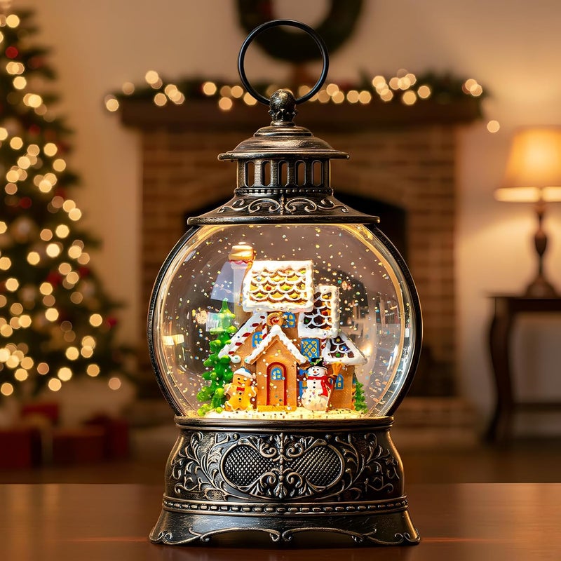 ZQQLITE Christmas Snow Globes Christmas Water Lantern with Gingerbread Man & Snowman, Music & 6H Timer, USB Lined/Battery Operated Lighted Lanterns for Xmas Festival Decoration Gifts - Image 1