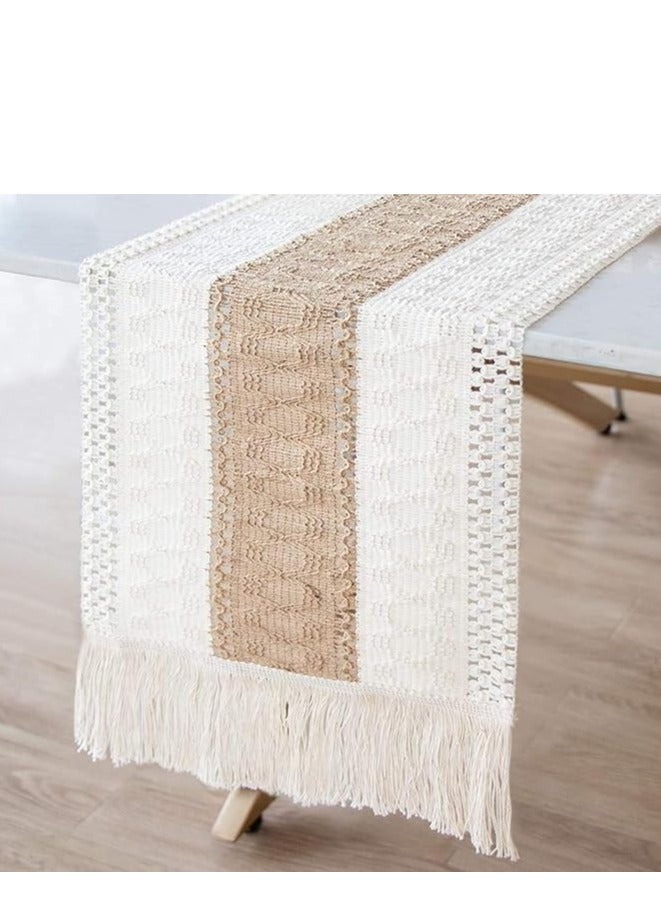 Macrame Table Runners Natural Burlap Table Runner, Modern Farmhouse Decor Rustic Woven Cotton Crochet Lace, for Bohemian Wedding Bridal Home Farmhouse Dining Table Decor 12 x 72 Inch  - Image 1