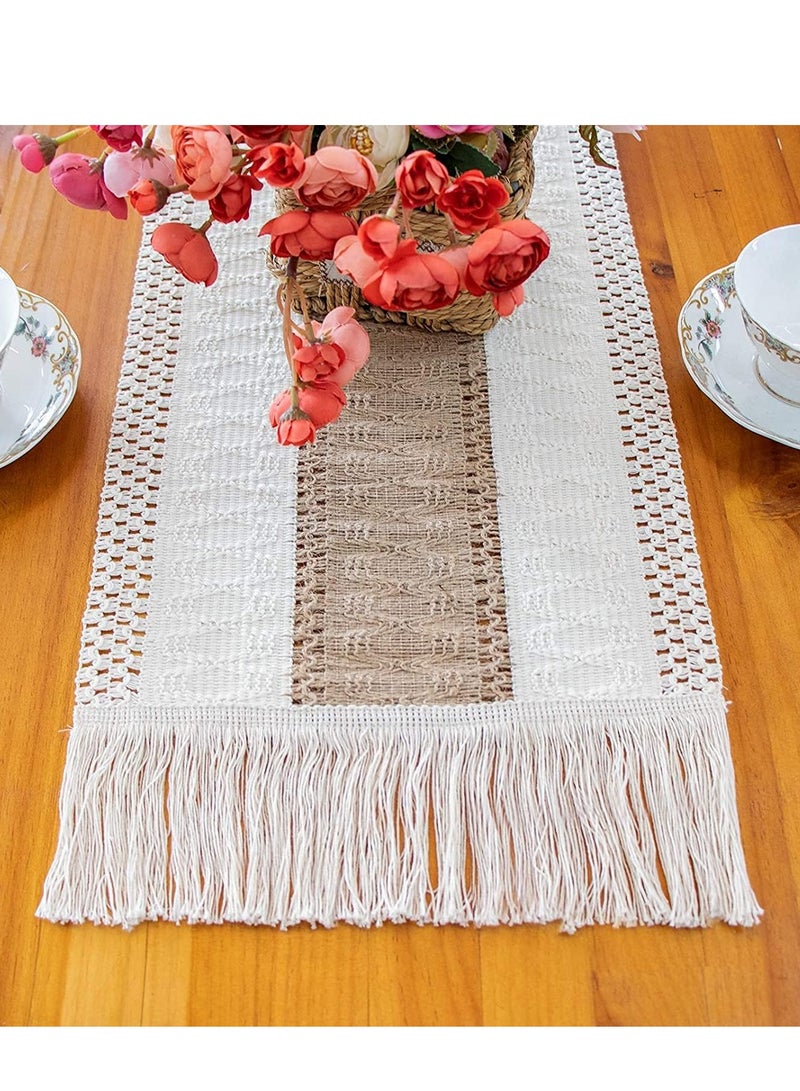 Macrame Table Runners Natural Burlap Table Runner, Modern Farmhouse Decor Rustic Woven Cotton Crochet Lace, for Bohemian Wedding Bridal Home Farmhouse Dining Table Decor 12 x 72 Inch  - Image 3