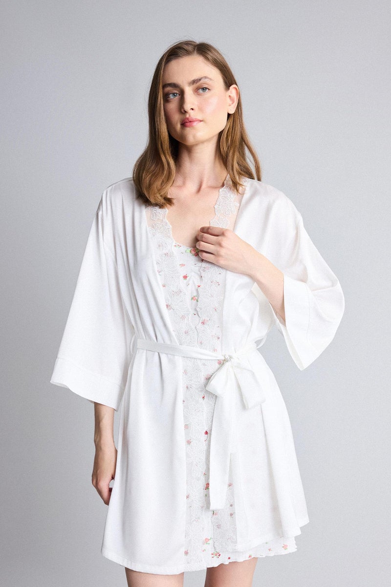 DeFacto White Woman Regular Fit Wrap Neck Satin White Robe Casual - Image 5