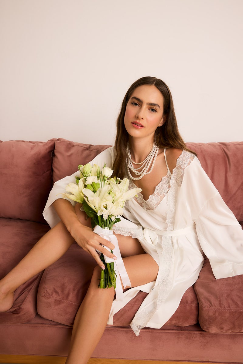 DeFacto White Woman Regular Fit Wrap Neck Satin White Robe Casual - Image 2