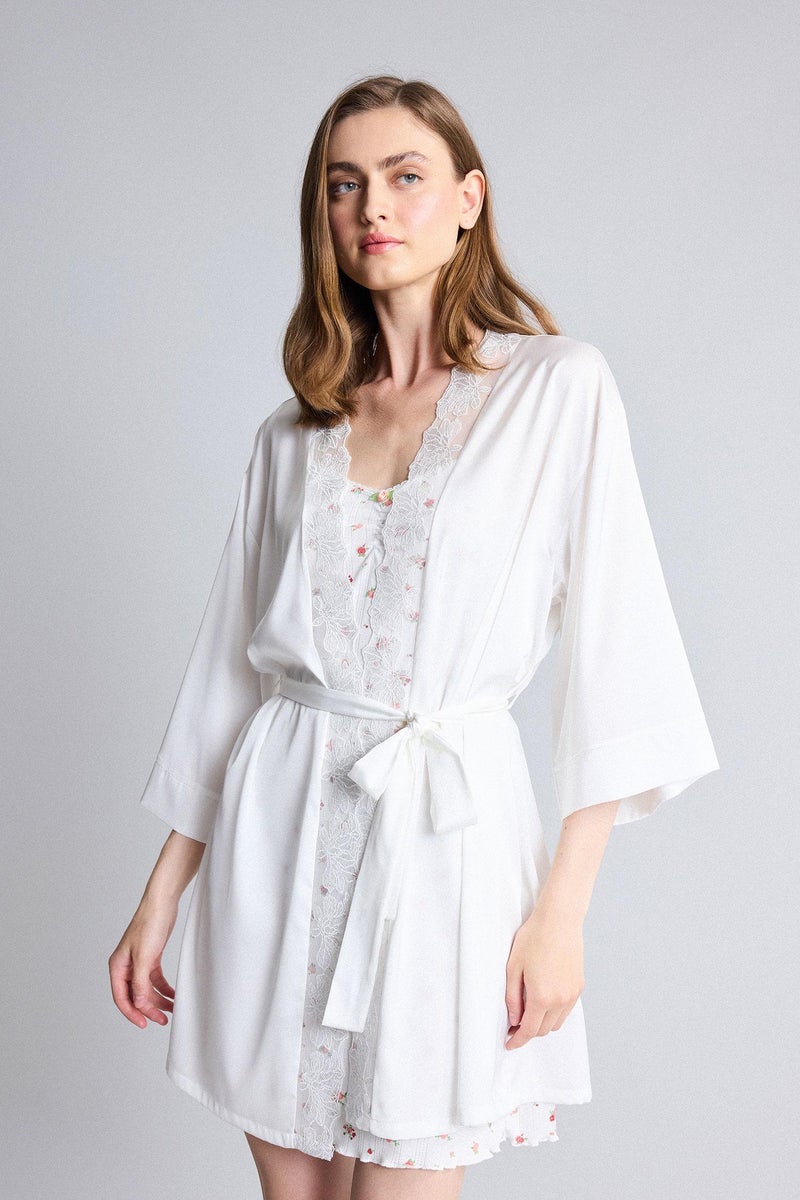 DeFacto White Woman Regular Fit Wrap Neck Satin White Robe Casual - Image 4