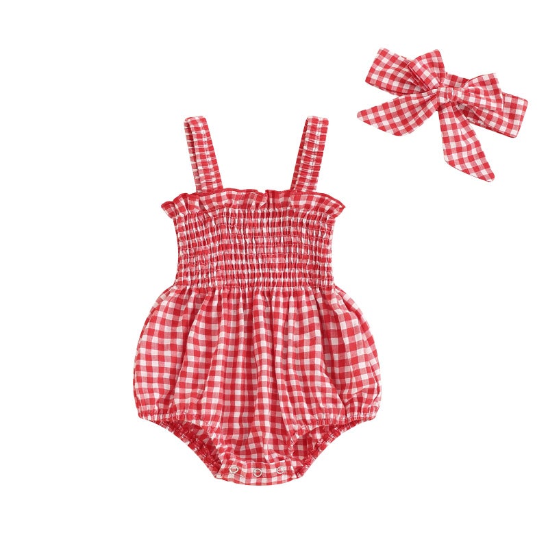 FOMOYUU Newborn Baby Girl Romper Summer Sleeveless Smocked Cotton Linen Clothes Outfit with Headband (Red Plaid, 0-3 Months) - Image 1